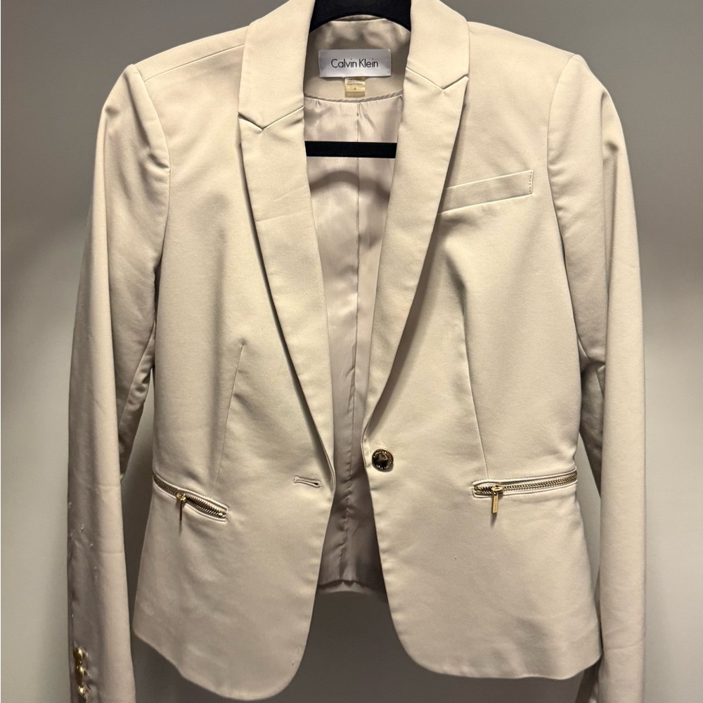 Calvin Klein Women's Beige Blazer with Gold Accents